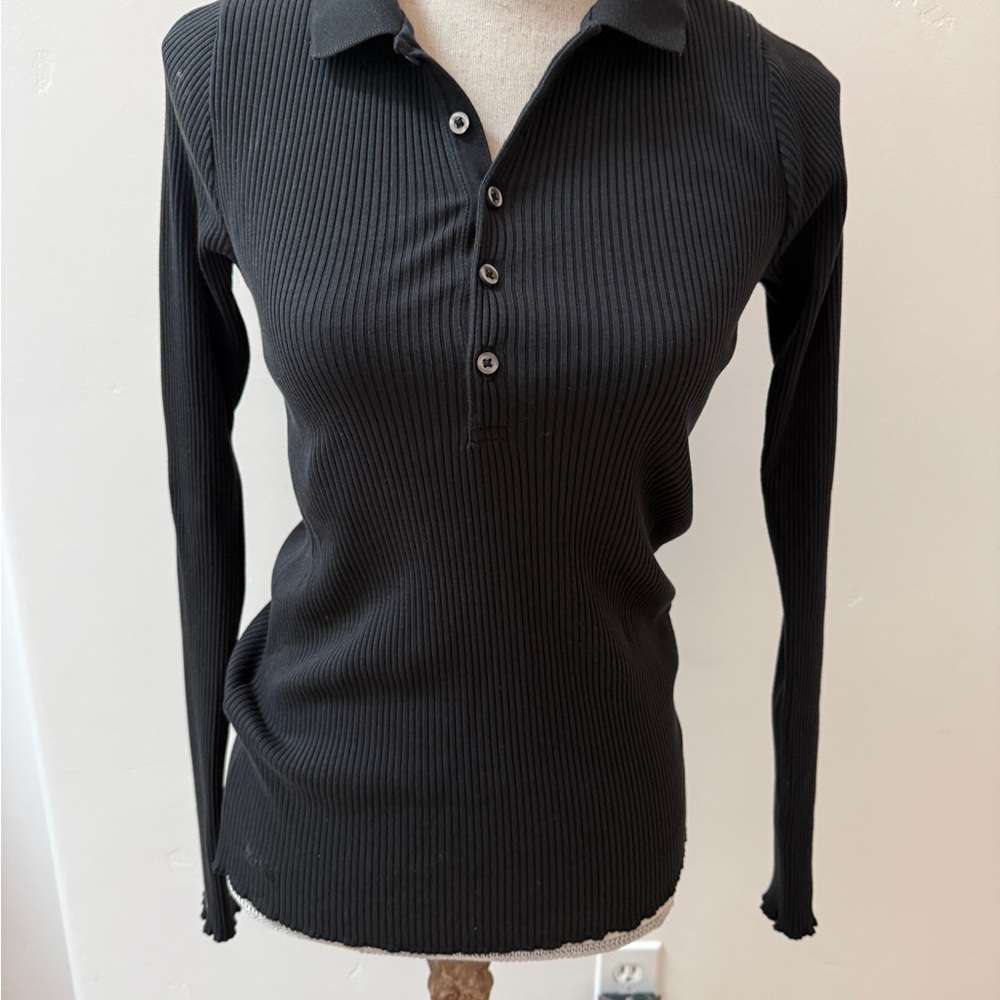 POLO RALPH LAUREN Black Ribbed Long Sleeve Polo Top, large, fits small,EUC